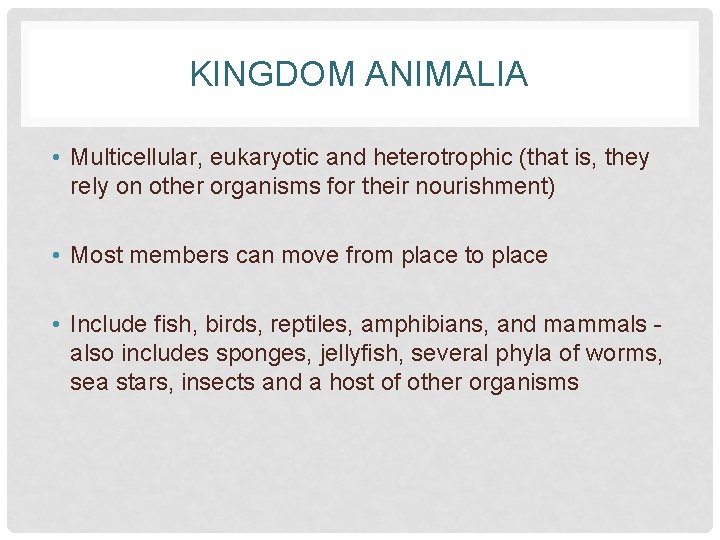 KINGDOM ANIMALIA • Multicellular, eukaryotic and heterotrophic (that is, they rely on other organisms