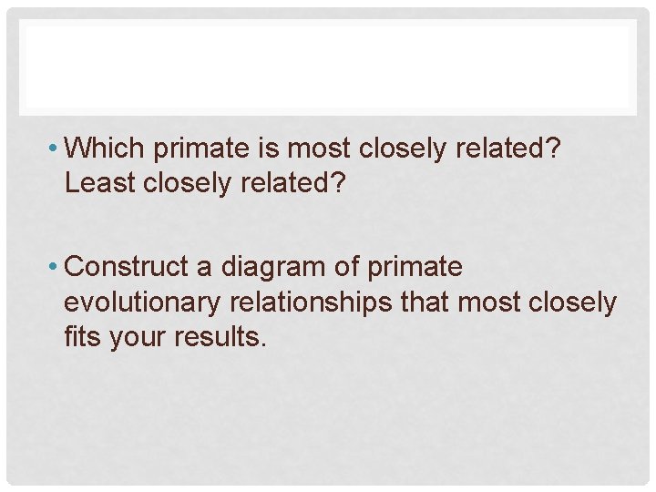  • Which primate is most closely related? Least closely related? • Construct a