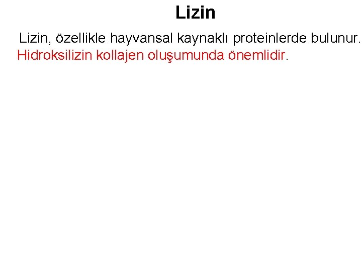 Lizin, özellikle hayvansal kaynaklı proteinlerde bulunur. Hidroksilizin kollajen oluşumunda önemlidir. 