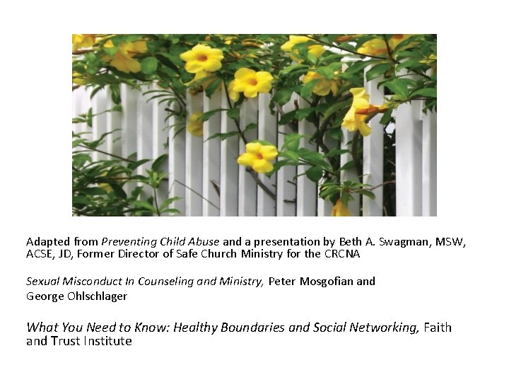 Adapted from Preventing Child Abuse and a presentation by Beth A. Swagman, MSW, ACSE,