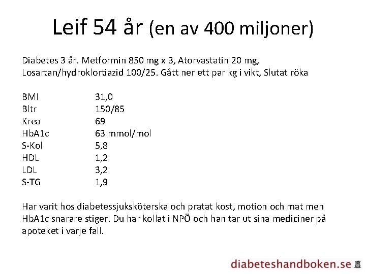 Leif 54 år (en av 400 miljoner) Diabetes 3 år. Metformin 850 mg x