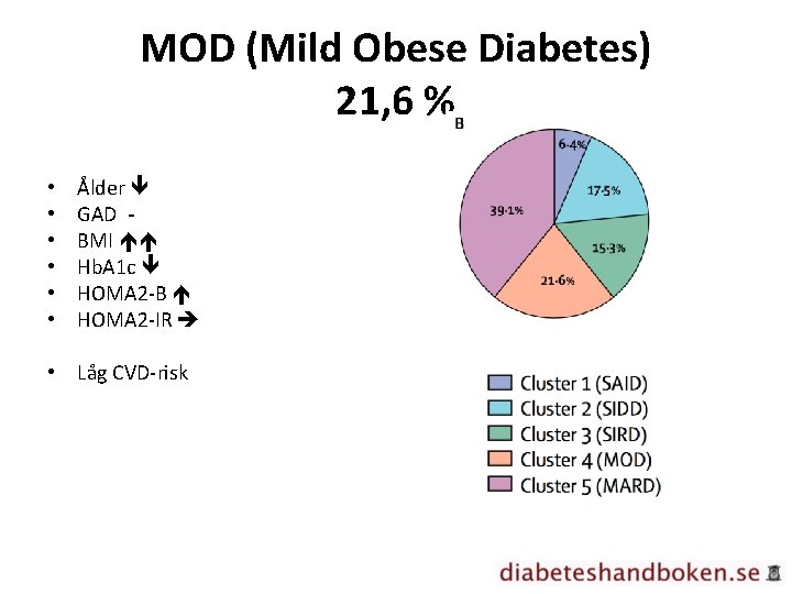 MOD (Mild Obese Diabetes) 21, 6 % • • • Ålder GAD BMI Hb.