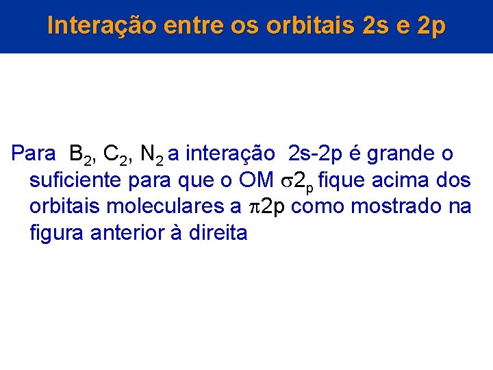 Interação entre os orbitais 2 s e 2 p Para B 2, C 2,