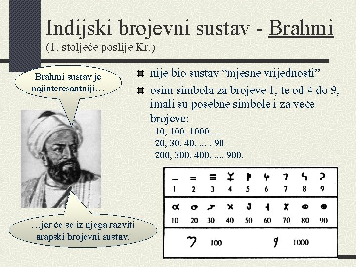 Indijski brojevni sustav - Brahmi (1. stoljeće poslije Kr. ) Brahmi sustav je najinteresantniji…