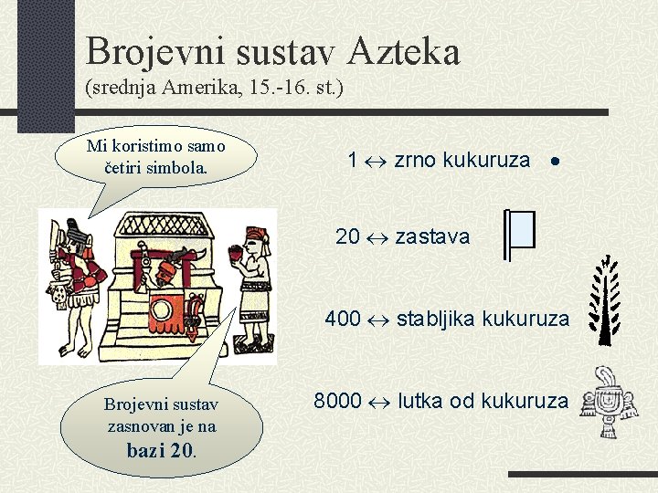 Brojevni sustav Azteka (srednja Amerika, 15. -16. st. ) Mi koristimo samo četiri simbola.