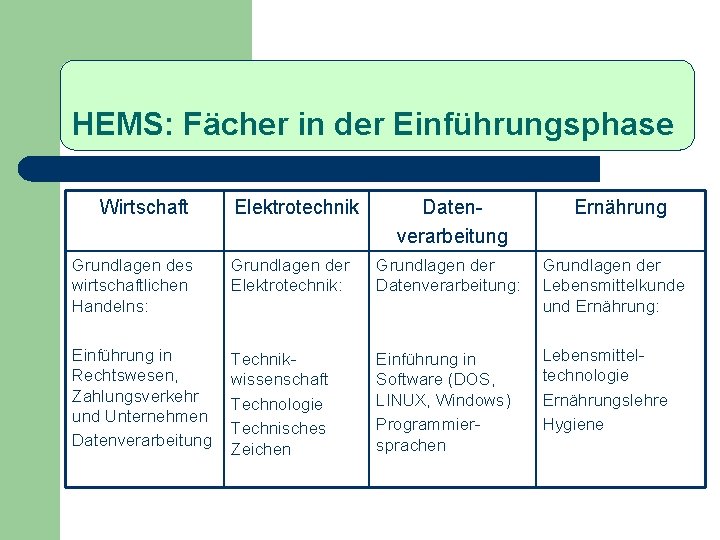 HEMS: Fächer in der Einführungsphase Wirtschaft Elektrotechnik Datenverarbeitung Ernährung Grundlagen des wirtschaftlichen Handelns: Grundlagen