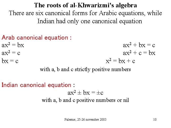 The roots of al-Khwarizmi's algebra There are six canonical forms for Arabic equations, while