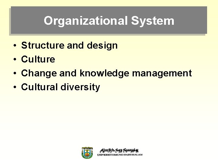 Organizational System • • Structure and design Culture Change and knowledge management Cultural diversity