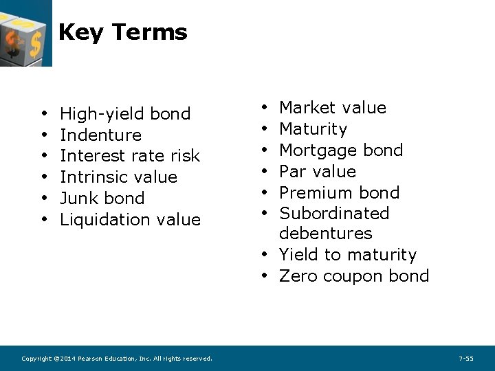 Key Terms • • • High-yield bond Indenture Interest rate risk Intrinsic value Junk