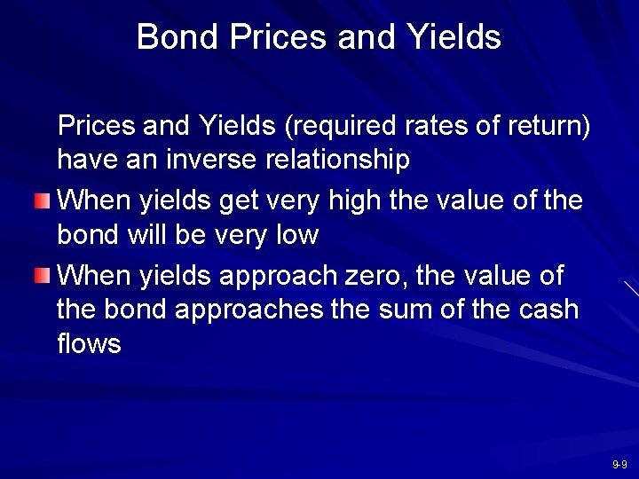 Bond Prices and Yields (required rates of return) have an inverse relationship When yields