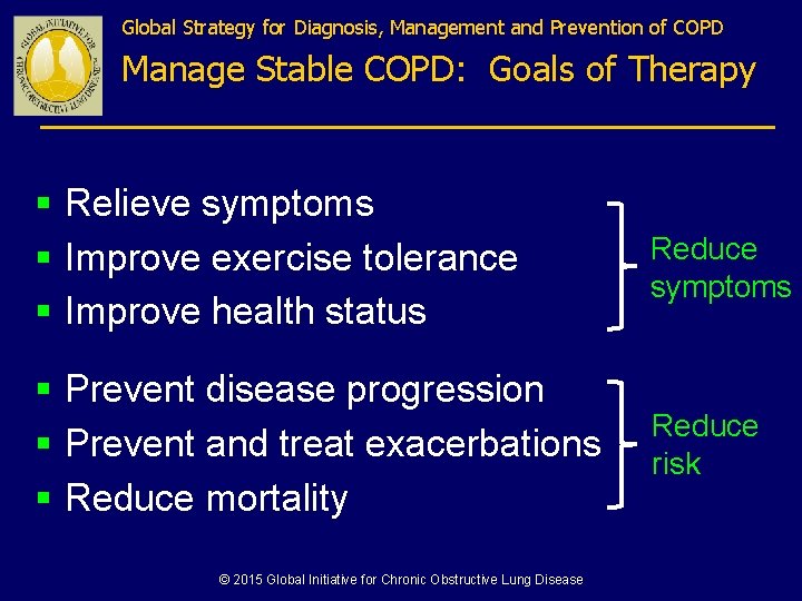 Global Strategy for Diagnosis, Management and Prevention of COPD Manage Stable COPD: Goals of