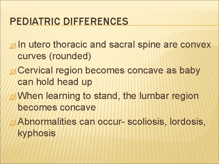 PEDIATRIC DIFFERENCES In utero thoracic and sacral spine are convex curves (rounded) Cervical region