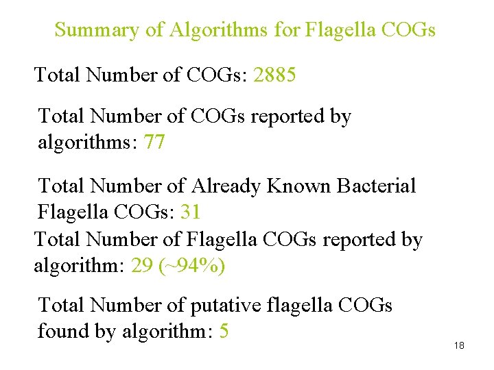 Summary of Algorithms for Flagella COGs Total Number of COGs: 2885 Total Number of