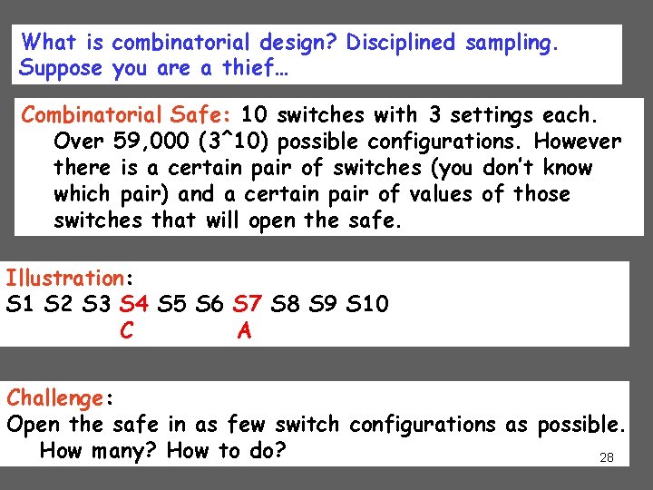 What is combinatorial design? Disciplined sampling. Suppose you are a thief… Combinatorial Safe: 10