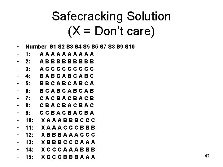 Safecracking Solution (X = Don’t care) • • • • Number S 1 S