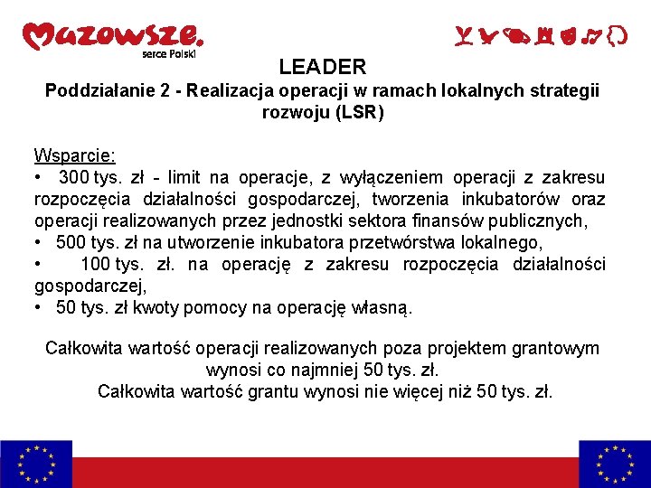 LEADER Poddziałanie 2 - Realizacja operacji w ramach lokalnych strategii rozwoju (LSR) Wsparcie: •