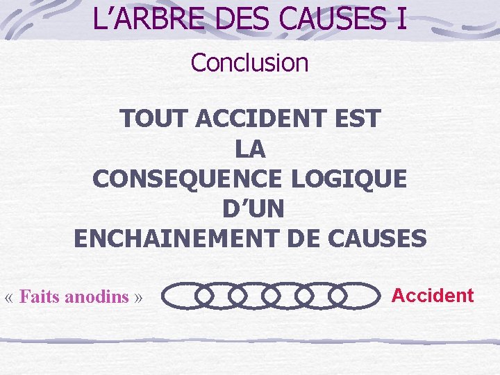 L’ARBRE DES CAUSES I Conclusion TOUT ACCIDENT EST LA CONSEQUENCE LOGIQUE D’UN ENCHAINEMENT DE