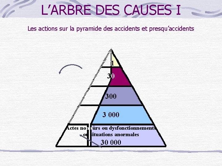 L’ARBRE DES CAUSES I Les actions sur la pyramide des accidents et presqu’accidents 1