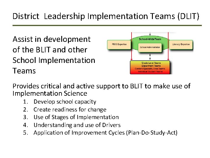 District Leadership Implementation Teams (DLIT) Assist in development of the BLIT and other School