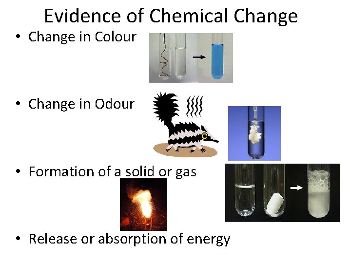 Evidence of Chemical Change • Change in Colour • Change in Odour • Formation
