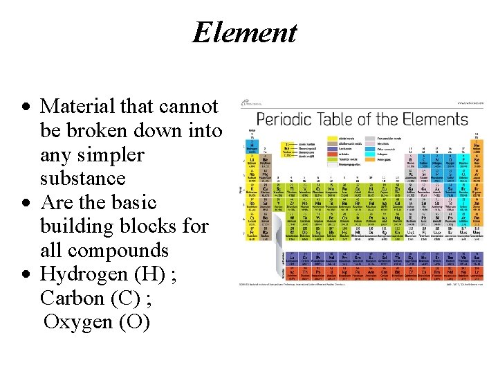Element Material that cannot be broken down into any simpler substance Are the basic