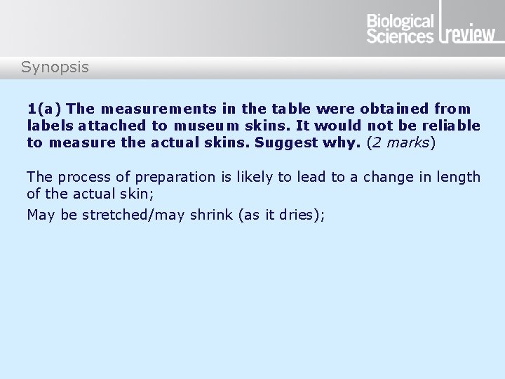 Synopsis 1(a) The measurements in the table were obtained from labels attached to museum