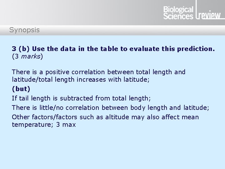 Synopsis 3 (b) Use the data in the table to evaluate this prediction. (3