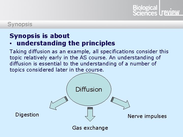 Synopsis is about • understanding the principles Taking diffusion as an example, all specifications