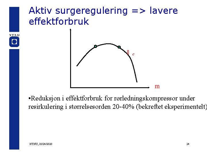 Aktiv surgeregulering => lavere effektforbruk • Reduksjon i effektforbruk for rørledningskompressor under resirkulering i