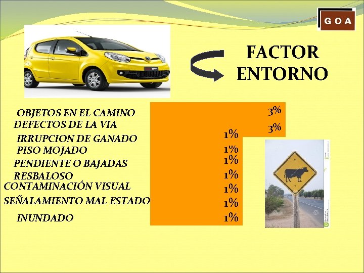 FACTOR ENTORNO OBJETOS EN EL CAMINO DEFECTOS DE LA VIA IRRUPCION DE GANADO PISO