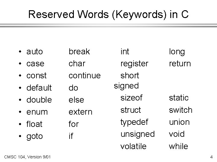 Reserved Words (Keywords) in C • • auto case const default double enum float
