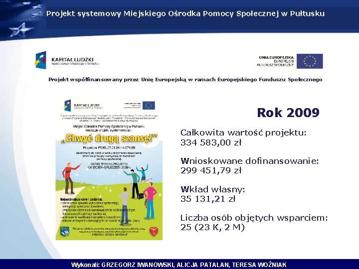 Projekt systemowy Miejskiego Ośrodka Pomocy Społecznej w Pułtusku Projekt współfinansowany przez Unię Europejską w