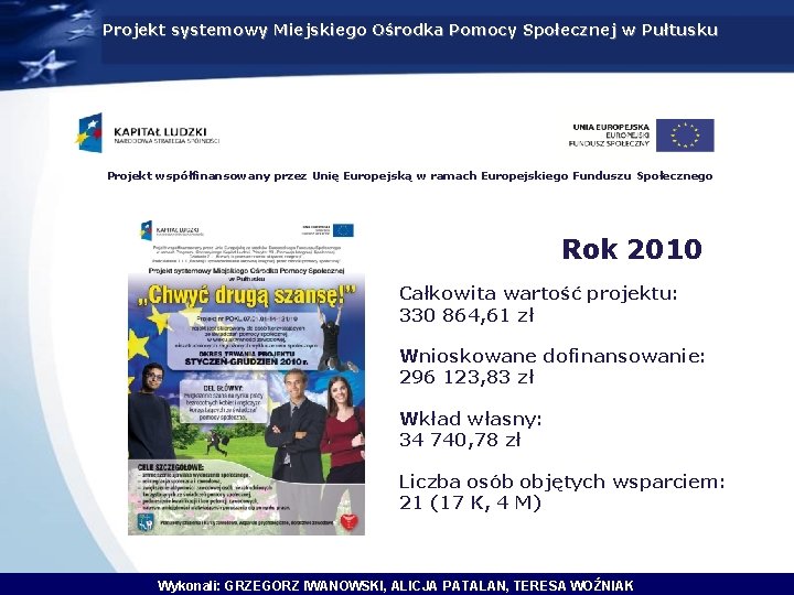 Projekt systemowy Miejskiego Ośrodka Pomocy Społecznej w Pułtusku Projekt współfinansowany przez Unię Europejską w