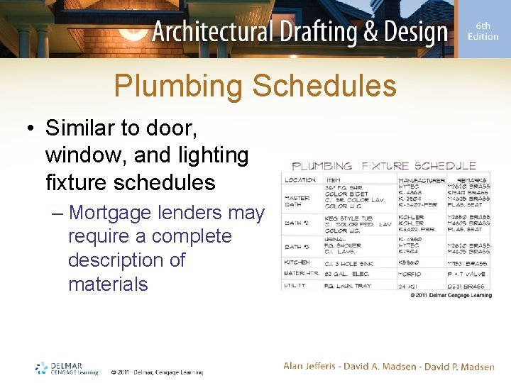 Plumbing Schedules • Similar to door, window, and lighting fixture schedules – Mortgage lenders