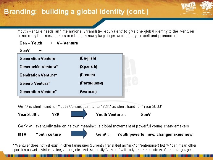 Branding: building a global identity (cont. ) Youth Venture needs an “internationally translated equivalent”