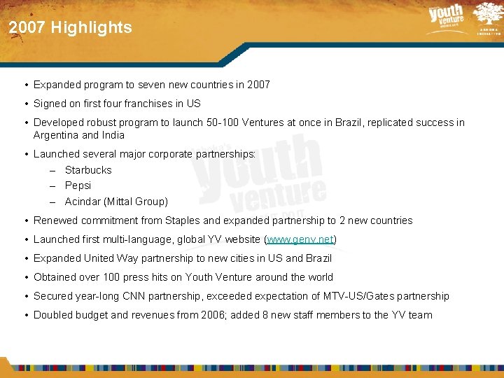 2007 Highlights • Expanded program to seven new countries in 2007 • Signed on