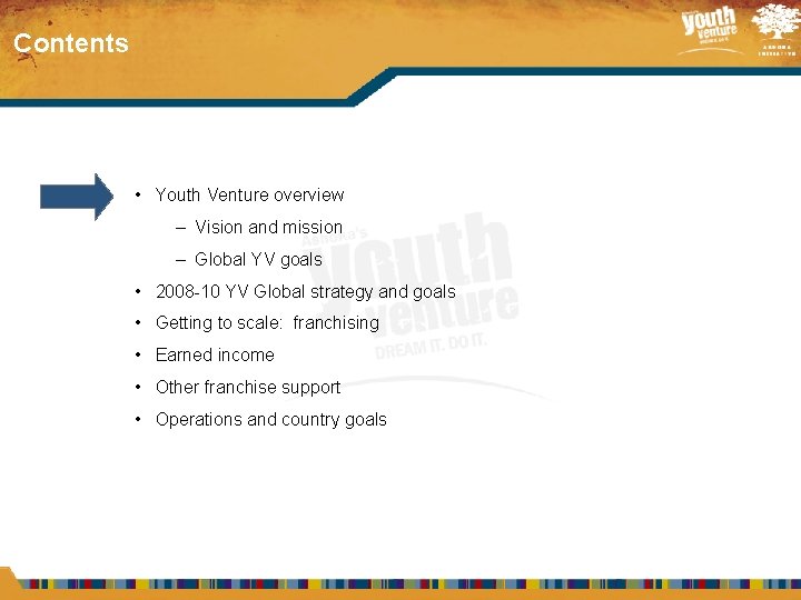 Contents • Youth Venture overview – Vision and mission – Global YV goals •