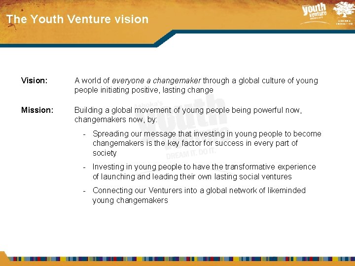 The Youth Venture vision Vision: A world of everyone a changemaker through a global