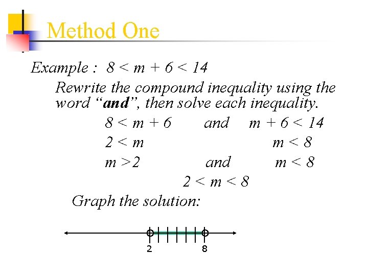 Method One Example : 8 < m + 6 < 14 Rewrite the compound