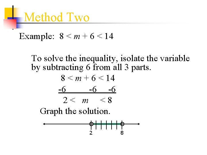 Method Two Example: 8 < m + 6 < 14 To solve the inequality,