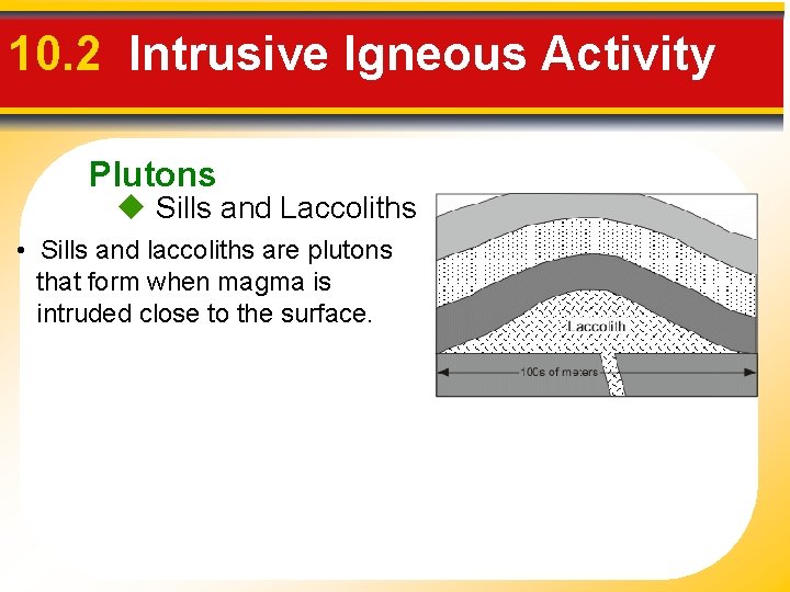 10. 2 Intrusive Igneous Activity Plutons u Sills and Laccoliths • Sills and laccoliths