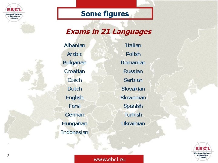Some figures Exams in 21 Languages Albanian Italian Arabic Polish Bulgarian Romanian Croatian Russian