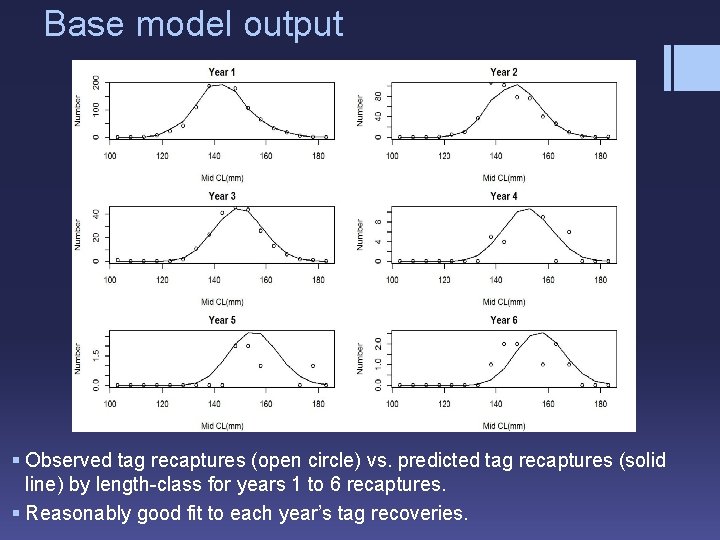 Base model output § Observed tag recaptures (open circle) vs. predicted tag recaptures (solid