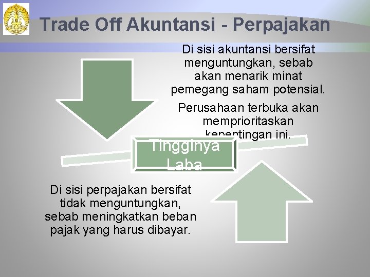 Trade Off Akuntansi - Perpajakan Di sisi akuntansi bersifat menguntungkan, sebab akan menarik minat