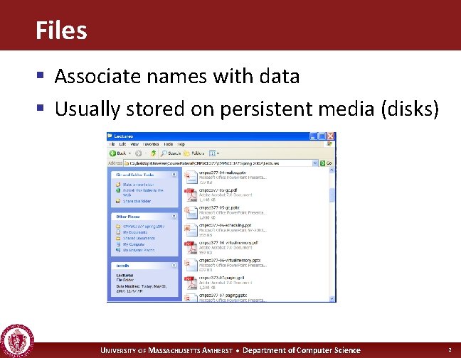 Files § Associate names with data § Usually stored on persistent media (disks) UNIVERSITY