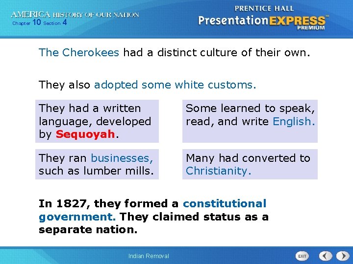 Chapter 10 Section 4 The Cherokees had a distinct culture of their own. They