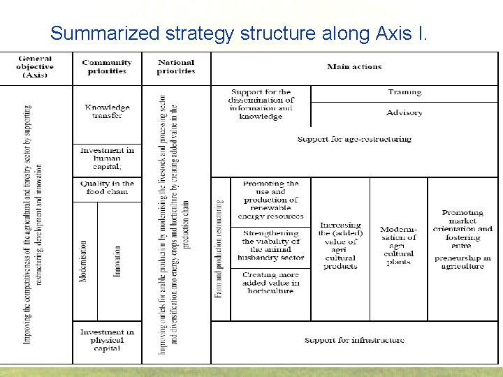 Summarized strategy structure along Axis I. 