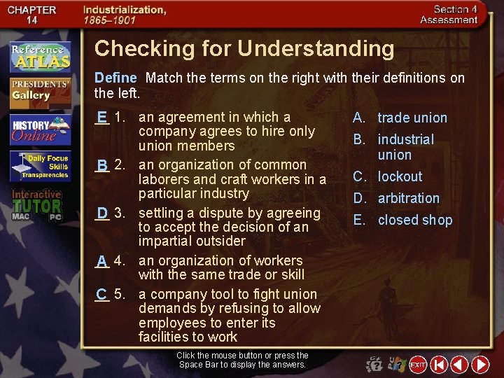 Checking for Understanding Define Match the terms on the right with their definitions on