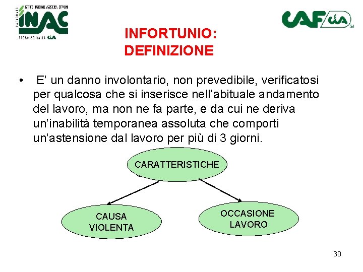 INFORTUNIO: DEFINIZIONE • E’ un danno involontario, non prevedibile, verificatosi per qualcosa che si