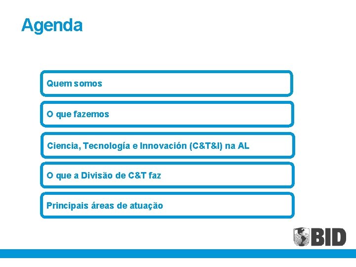 Agenda Quem somos O que fazemos Ciencia, Tecnología e Innovación (C&T&I) na AL O